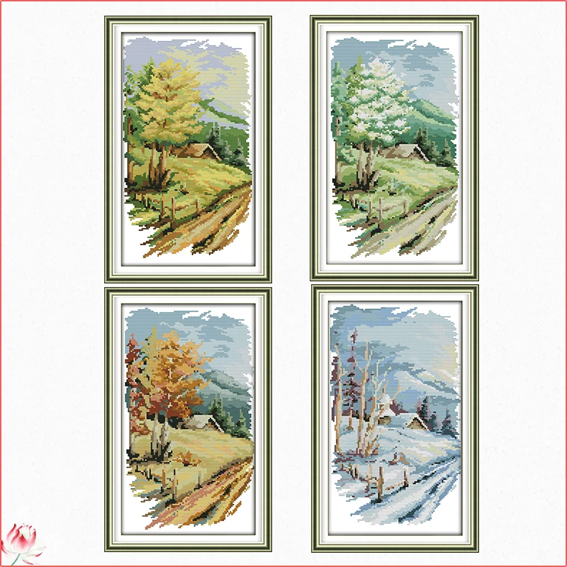 Joy Sunday The Four Seasons Scenery Pattern Cross Stitch Kit DIY Handmade Needlework Embroidery Kit Home Decoration Painting