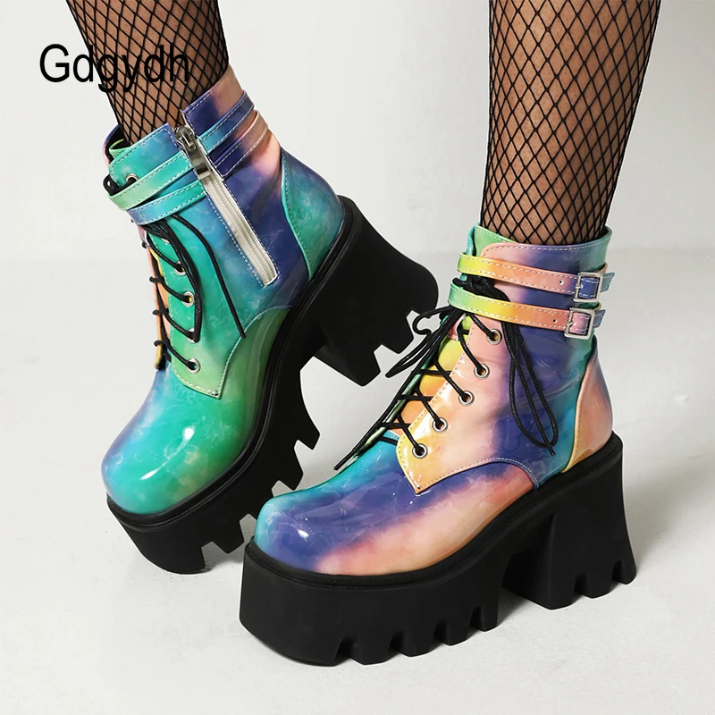 Gdgydh Fashion Colorful Ladies Motorcycle Women Ankle Boots Platform Chunky Heels Cool Street Footwear Gothibabe Halloween 90s