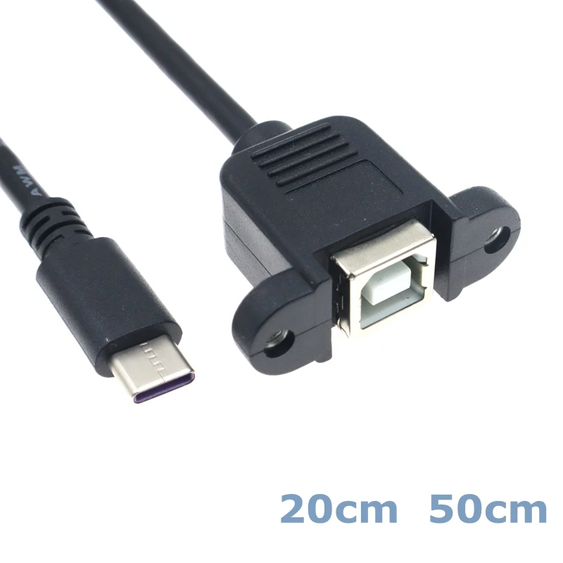 0.2m USB 2.0 B Female to Type-C 3.1 Male Cable for Scanner, Printer, Computer Case Panel Installation With Screw Hole Connector