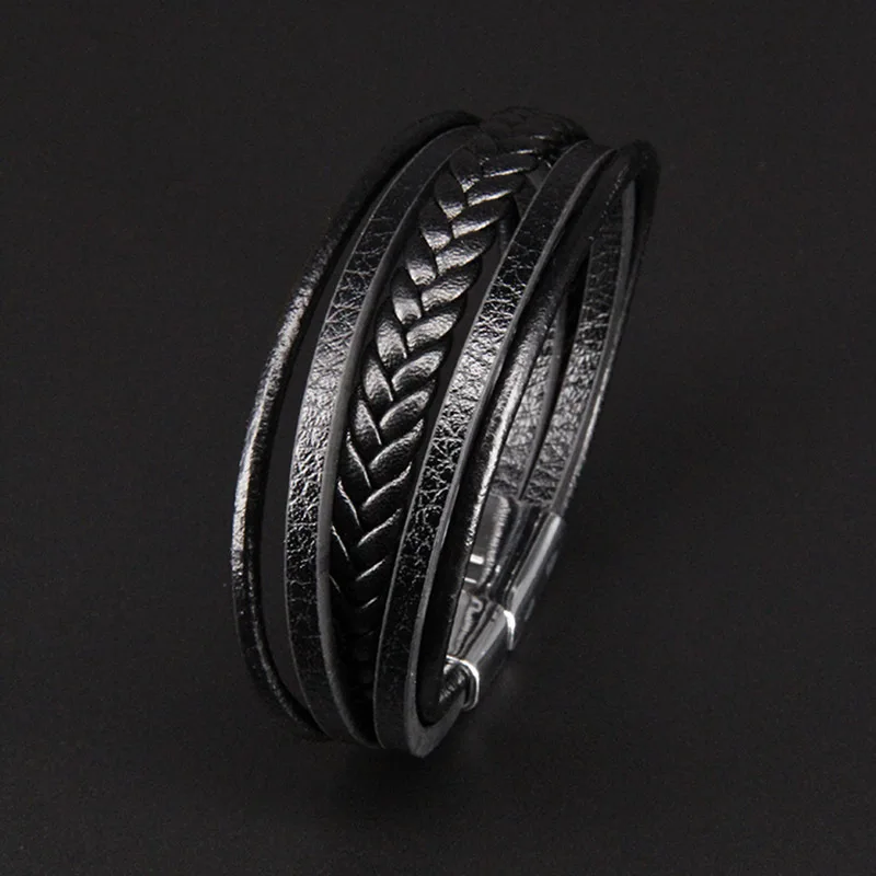 Venta caliente hombres clásico pulsera de cuero multicapa cierre magnético cuero de vaca trenzado multicapa brazaletes pulsera hombre