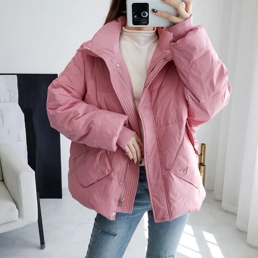 Winter 2021 New Women's Stand Collar Long Sleeve Oversized Small Bread Casual All Match Chic White Duck Down Coat For Fashion