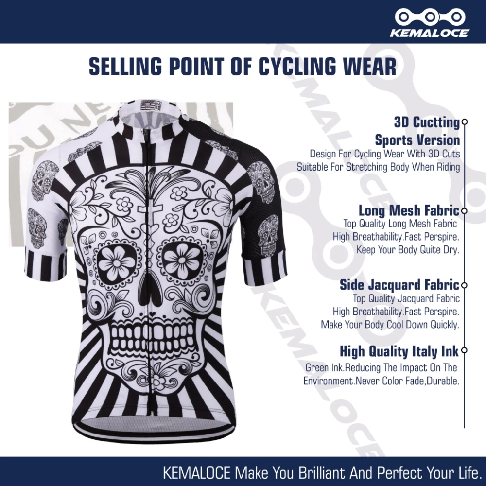 KEMALOCE Cycling Jersey Men Polyester White Skull Pro Bike Wear Summer Quick Dry Cycling Top Sublimation Printing Bicycle Shirt
