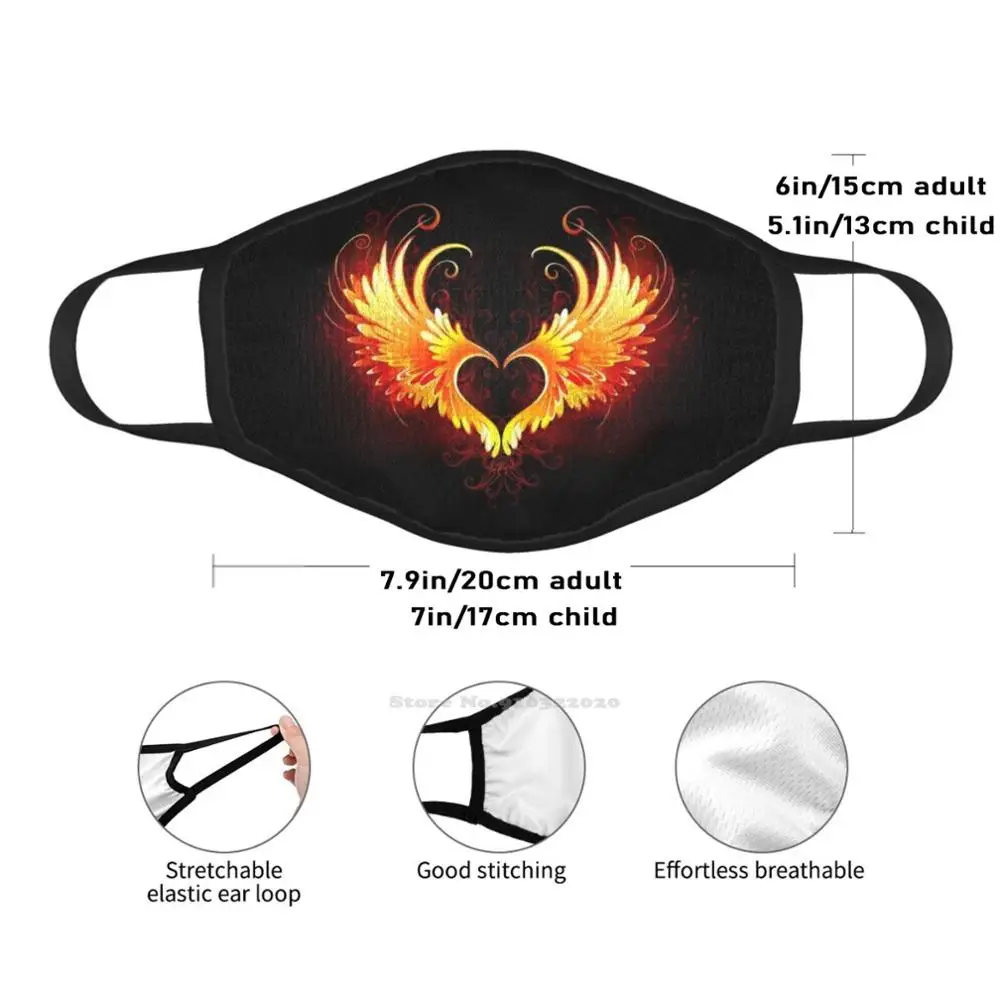 Angel Fire Heart With Designer Black Breathable Reusable Mouth Mask Fire Heart Fire Fire Red Black Background Winged Glow In