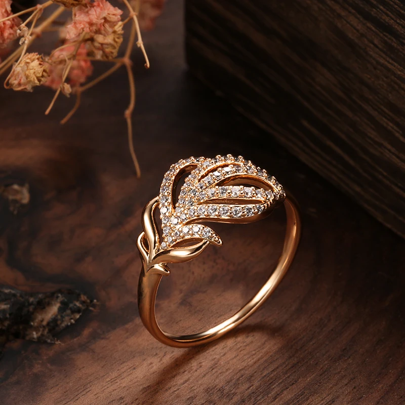 SYOUJYO Luxury Crystal Flower Fashion Rings For Women Elegant Leaf Shape Natural Zircon Rings 585 Rose Gold Color Daily Jewelry