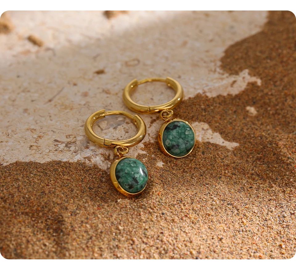 Yhpup Creolen aus Edelstahl, grüner Naturstein, neuer goldener geometrischer Charm-Schmuck aus Metall, Freude, Acero Inoxidable Mujer – Detail 5