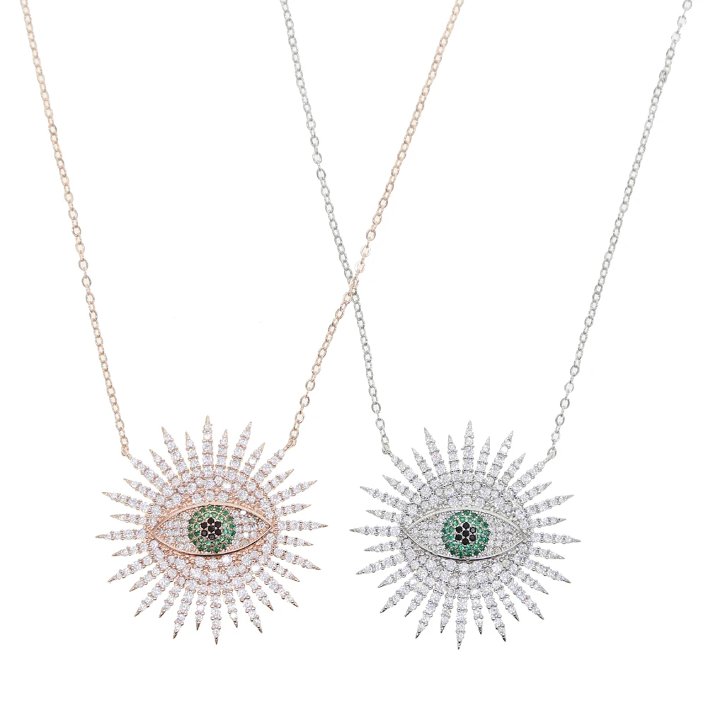 new Luxury green black cz evil eye necklace geoemtric sun flower shaped pendant classic lucky turkish evil eye women jewelry