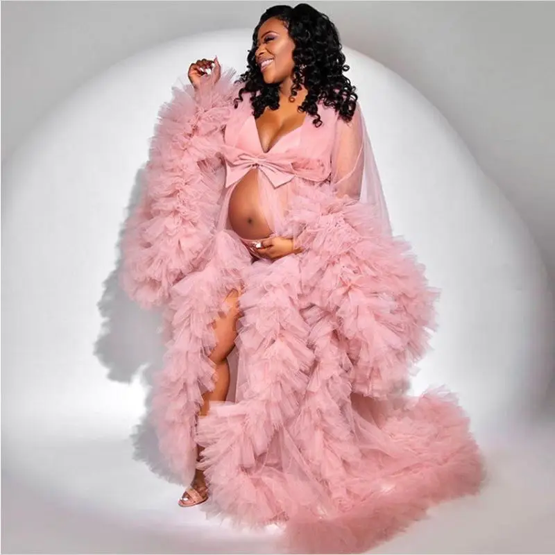 

Ruffles Pink Tulle Kimono Women Dress Robe for Photoshoot Extra Puffy Sleeves Prom Gowns African Cape Cloak Maternity Dress