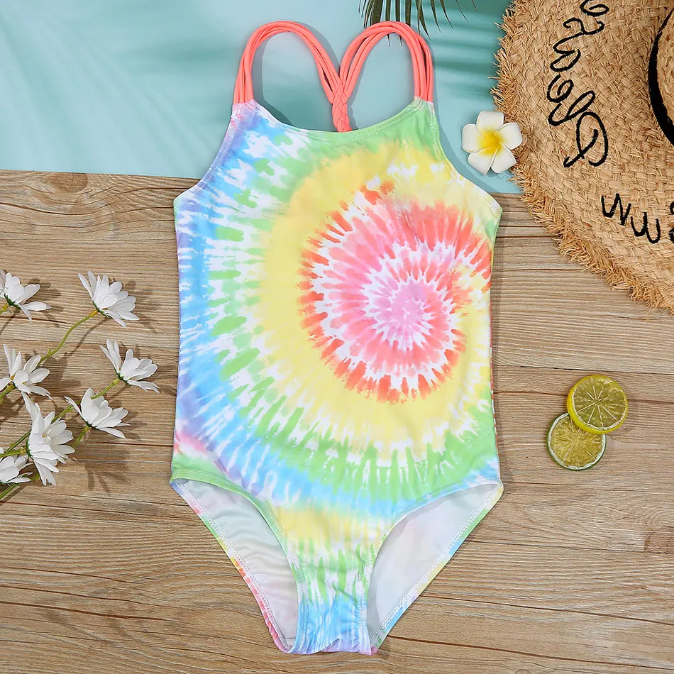 Tie Dye Girls One Piece Swimsuit Kids 7-16 Years Children's Swimwear Knitted Girls Bathing Suit Monokini Swimming Beachwear 2021