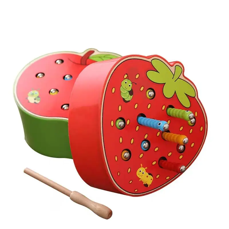 Montessori Baby Toys Wooden 3D Puzzle Educational Toys Magnetic Strawberry Apple Catch Worm Color Cognitive Fine Motor Skill Toy