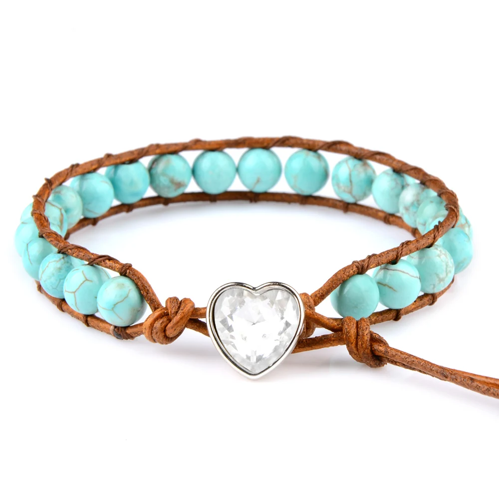 Chanfar 6mm Genuine Natural Stone Beaded Heart-Shaped Turquoises Leather Cord Bracelet  For Women Men Jewelry