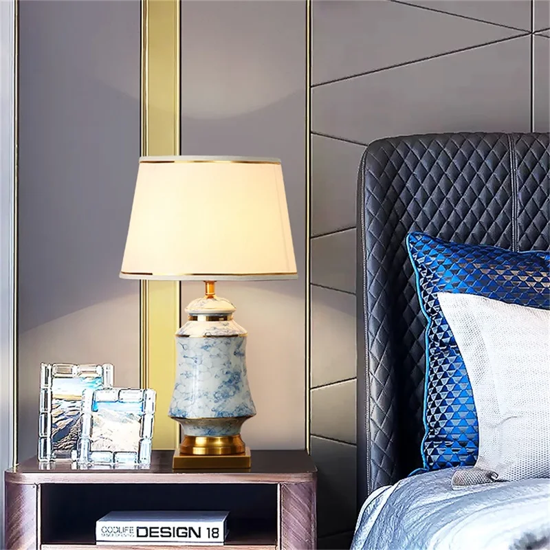 OURFENG Luxury Decorative Table Lamp Blue Ceramic LED 220V 110V Bedside Desk Light For Home Foyer Office Bed Room