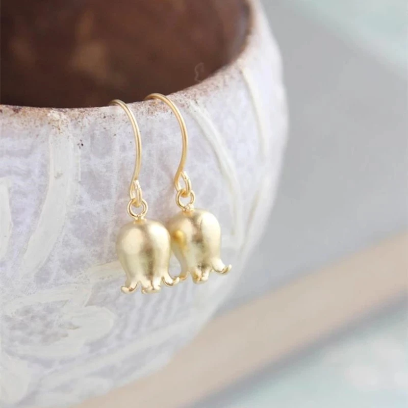 Lily of the Valley Brinco Matte Gold Color Bell Flower Small Tulip Dangle Earrings for Women Female Drop Earring Fashion Jewelry
