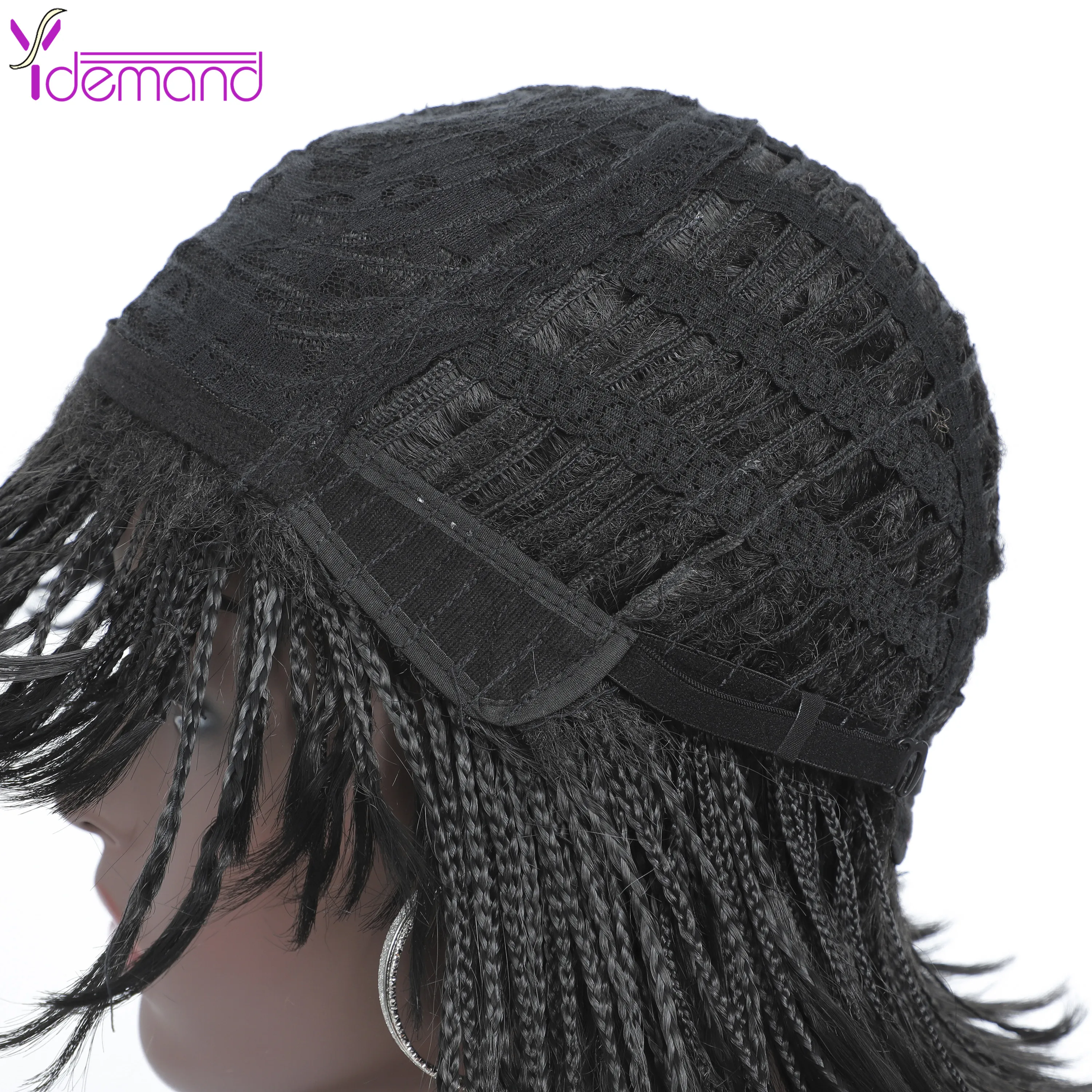 Y Demand Parrucche corte intrecciate con frangia per le donne Treccia Parrucca africana Naturale Nero Cool Girl Fibra sintetica per capelli naturali