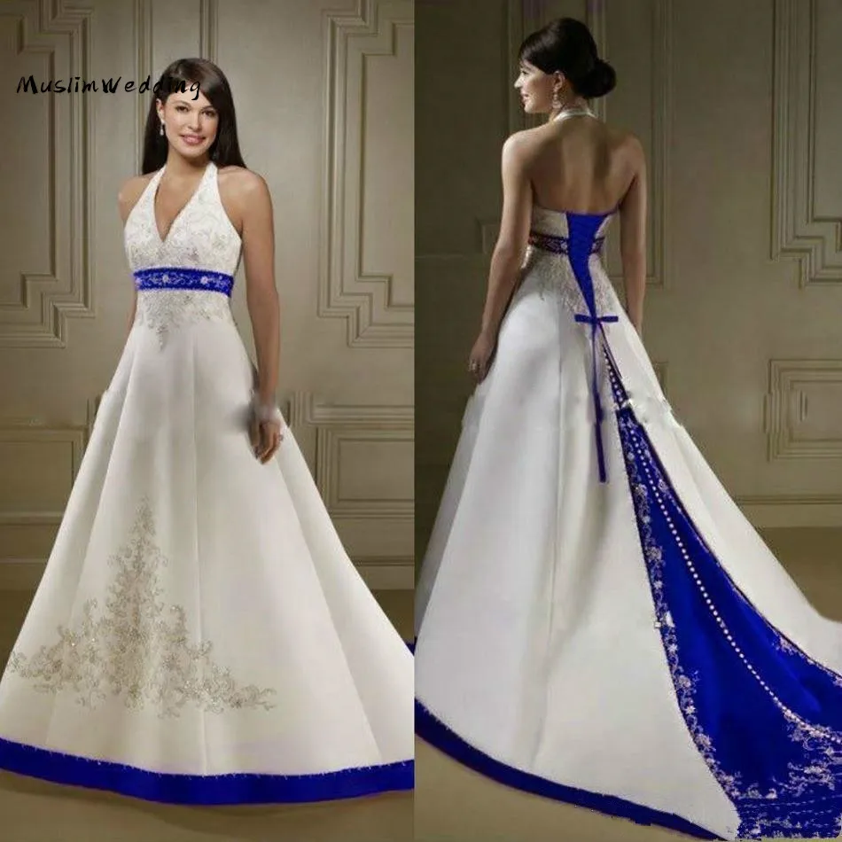 Gatsby Royal Blue Gothic Wedding Dress Sexy Halter Backless Embroidery Bridal Gown Plus Size Boho Civil Celtic Bride Customized