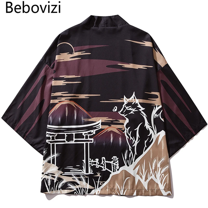 

Bebovizi Japan Style Printed Black Thin Kimono Men Japanese Streetwear Ukiyo E Jackets 2019 Casual Outerwear Robe