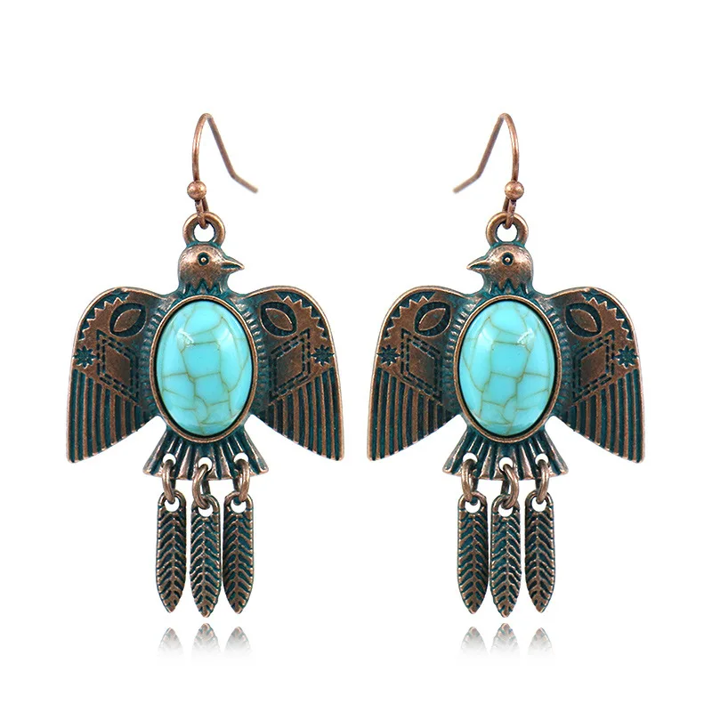 Boho Ethnic Turquoises Dangle Earrings Brincos Metal Green Antique Bronze Pigeon Shape Earring For Women