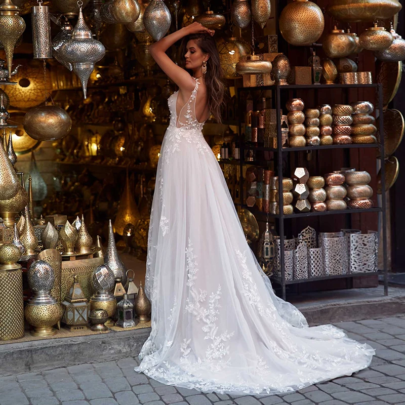 Suknia ślubna Fanweimei Boho Spaghetti Strap-line aplikacje koronkowe Backless suknie ślubne suknia ślubna trouwjurk robe de mariage