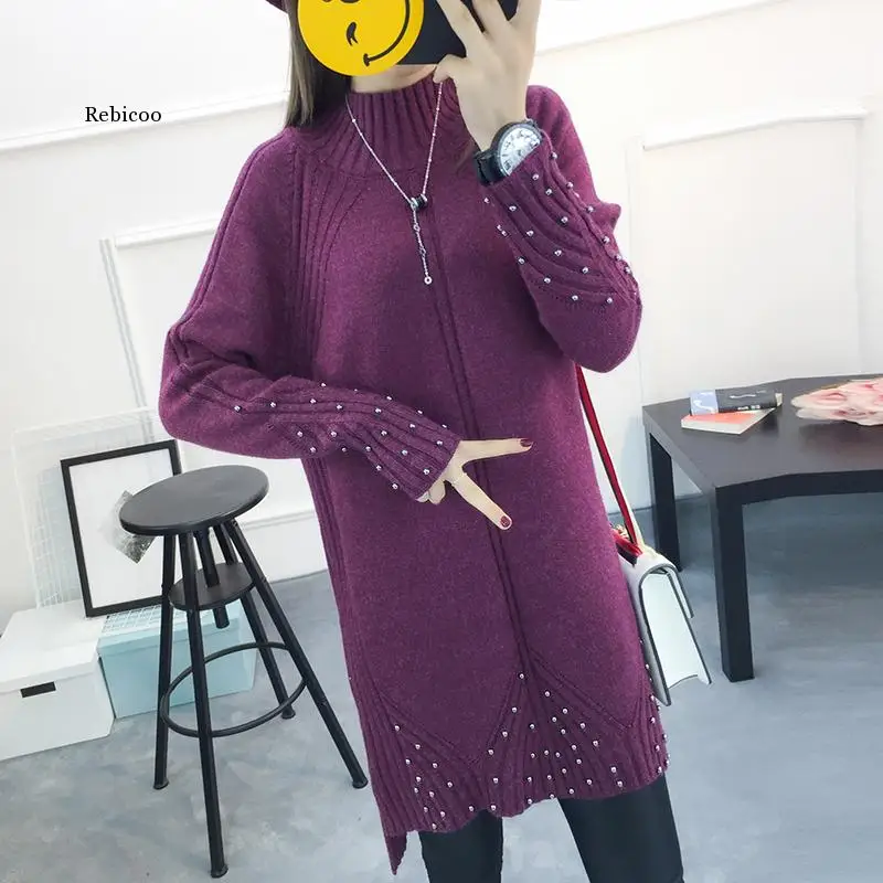 

Women Turtleneck Sweater Dress Autumn Winter Beading Knitted Dress Split Casual Warm Solid Color Loose Pullover Knit Dress