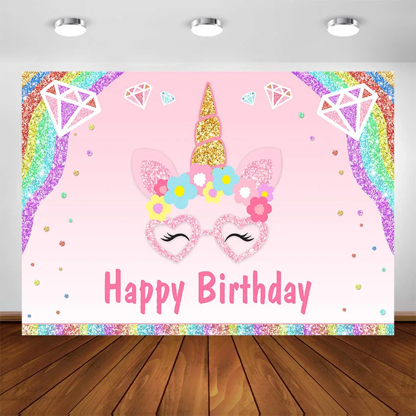 Unicorno compleanno sfondo Glitter arcobaleno unicorno fotografia sfondo per ragazze decorazione festa floreale rosa sfondo Supplie