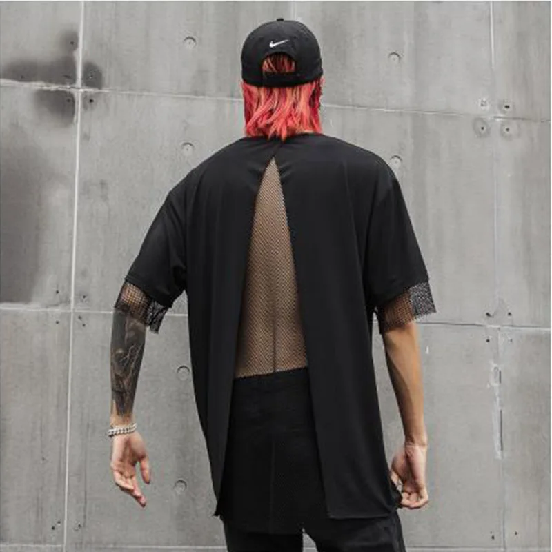 Men Short Sleeve Mesh Spliced T Shirt Male Streetwear Hip Hop Punk Gothic Casual Fashion Tshirt Tees Shirts Stage Show Clothing