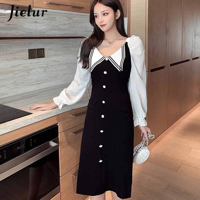 Jielur – robe noire pour femmes, nouvelle collection automne hiver 2021, tenue tricotée, Attractive, taille haute, mode OL, manches longues, S-XL