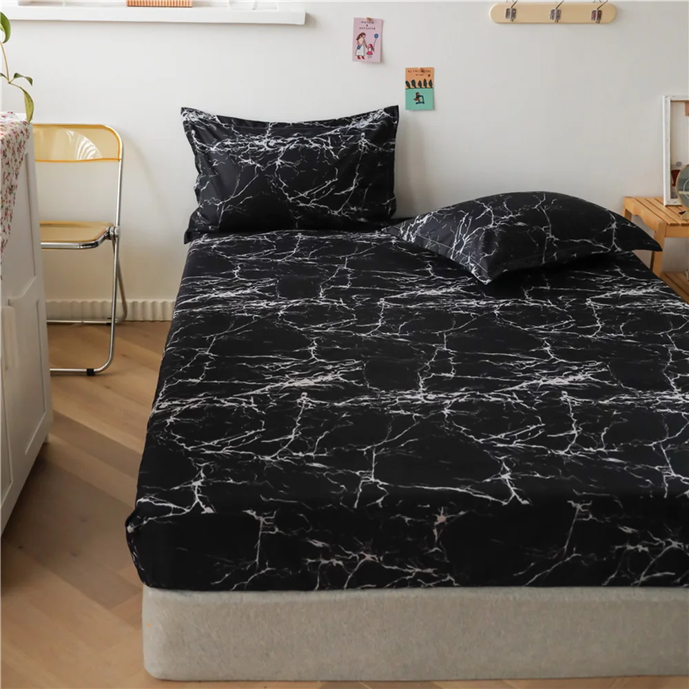 Fashion Black marble pattern Bed Fitted Sheets Sabanas Mattress Cover with Elastic Microfiber 90*200*30 120*200*30cm