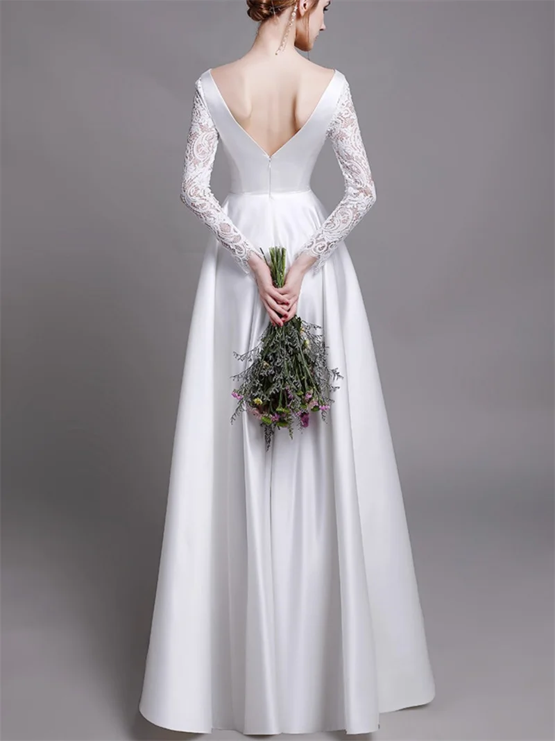 ลูกไม้เซ็กซี่ลึก V คอแขนยาวซาตินความยาวชั้น A-Line ชุดแต่งงาน Backless ชุดเจ้าสาว Robe De Mariée