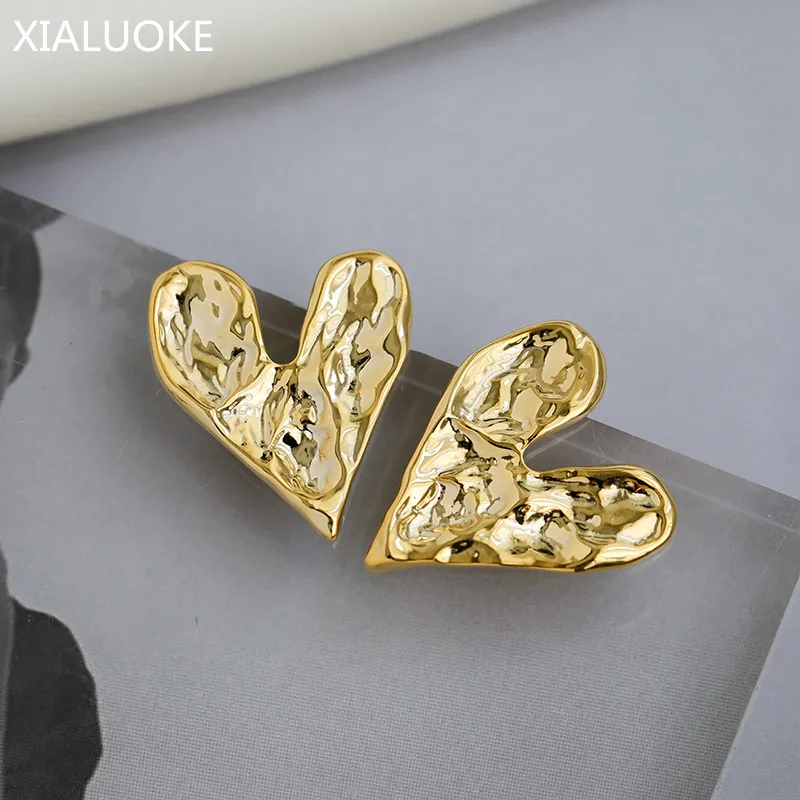 XIALUOKE New Style Metal Irregular Heart Stud Earrings For Women Punk Personality Surface Uneven Earrings Party Jewelry