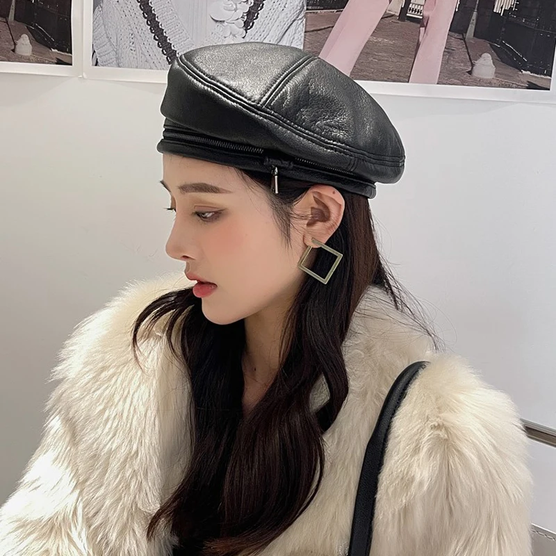 Spring/Winter 100% Real Leather Beret Hat Women Fashion European Pumpkin Painter Caps Female  Zipper Decoration Thin Boina