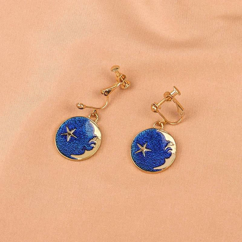 Japanese Simple Fashion Blue Star Moon Clip on Earrings Girl Heart Dream Round Universe Planet Clip Earring No Piercing Female