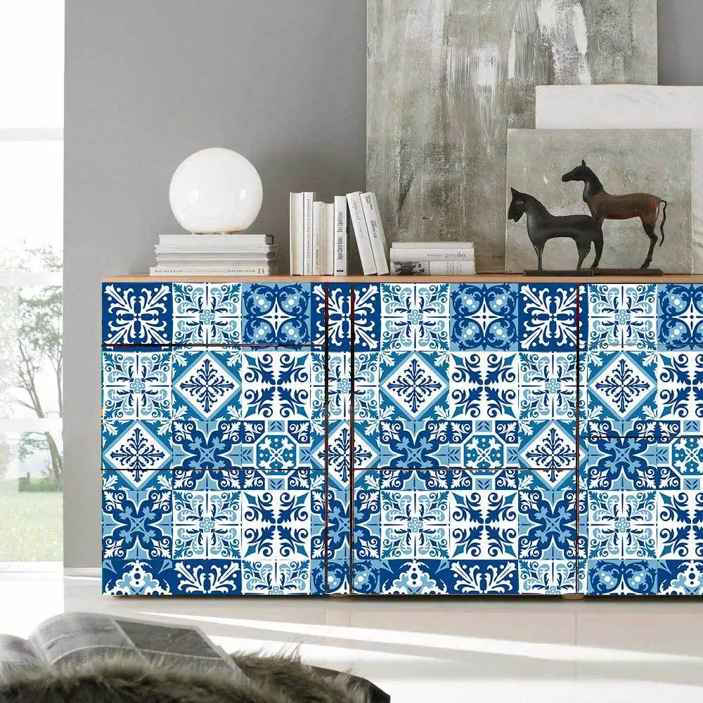 Amazon Waterproof European Retro Blue Tile Sticker Bathroom Kitchen Mosaic Creative Sticker Waterproof Moisture