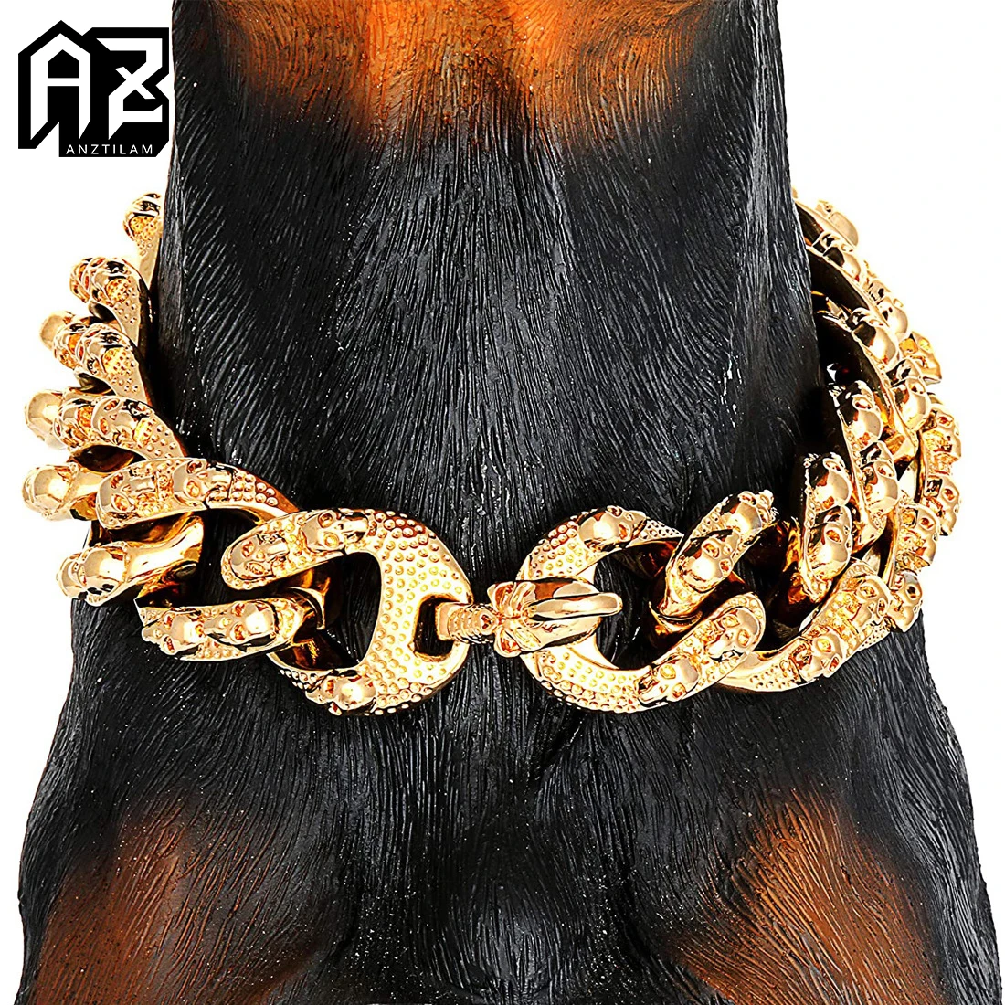 

AZ 30mm Width Big Gold Color Retro Skull 316L Stainless Steel Pet Dog Cuban Link Chain Strong Metal Links Training Chain