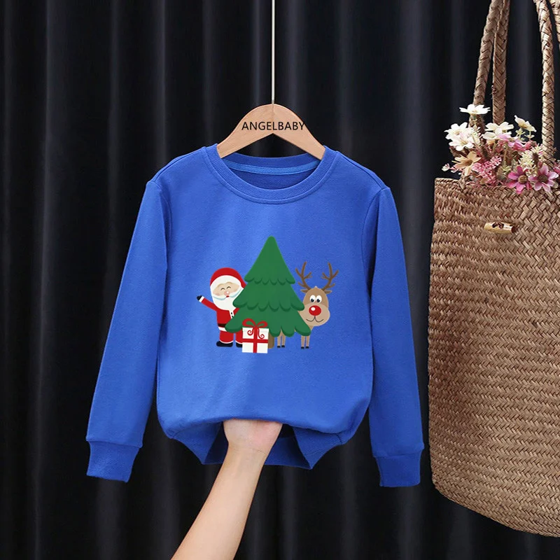 Merry Christmas Deer and Santa Print Kids Sweatshirts Funny Kawaii Children Hoodies Autumn Baby Pullover Tops Girls Boys Clothes