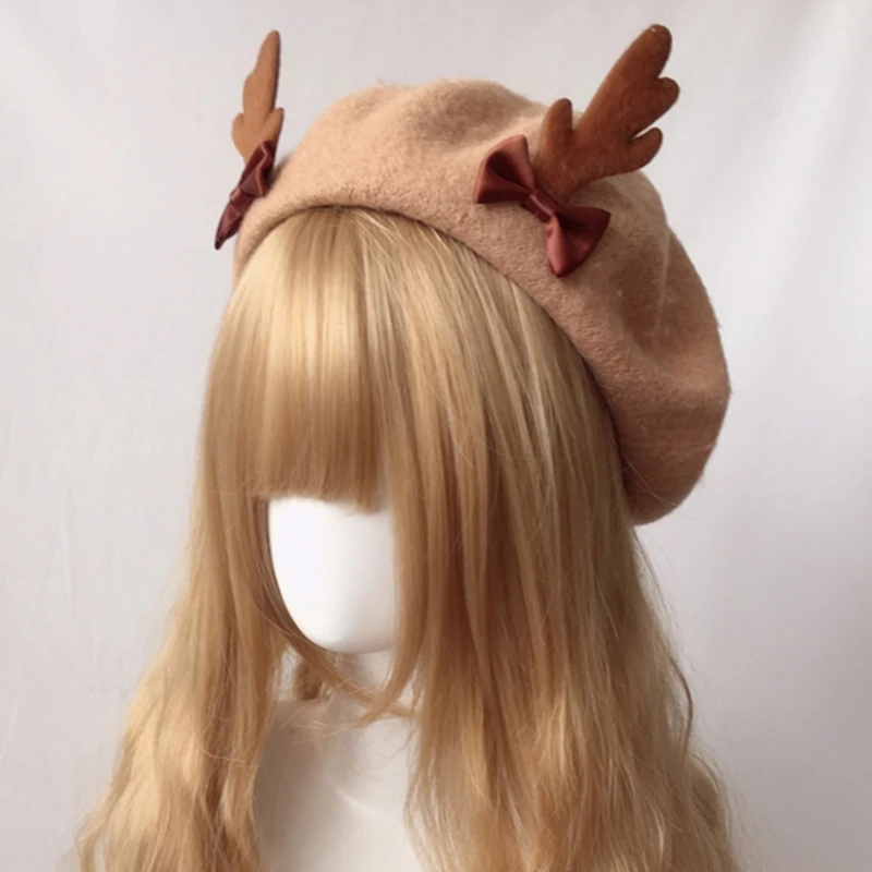 Sweet Painter Hat Deer Antlers Beret Cosplay Hat Vintage Lolita Wool Cap Warm Beanie Hat for Women Girls Head Accessory