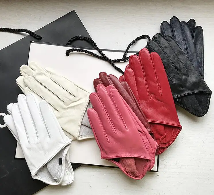 Women's Natural Sheepskin Leather Solid White Color Half Palm Gloves Female Genuine Leather Fashion Short Driving Glove R1169