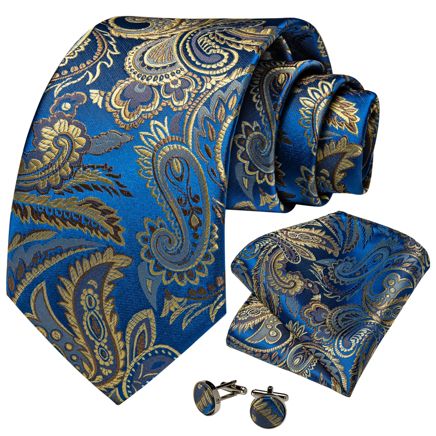 Yellow Paisley Blue Ties For Men Silver Tie Clip Tie Ring 100% Silk Business Wedding Party Men's Neck Tie Cufflinks Gift DiBanGu