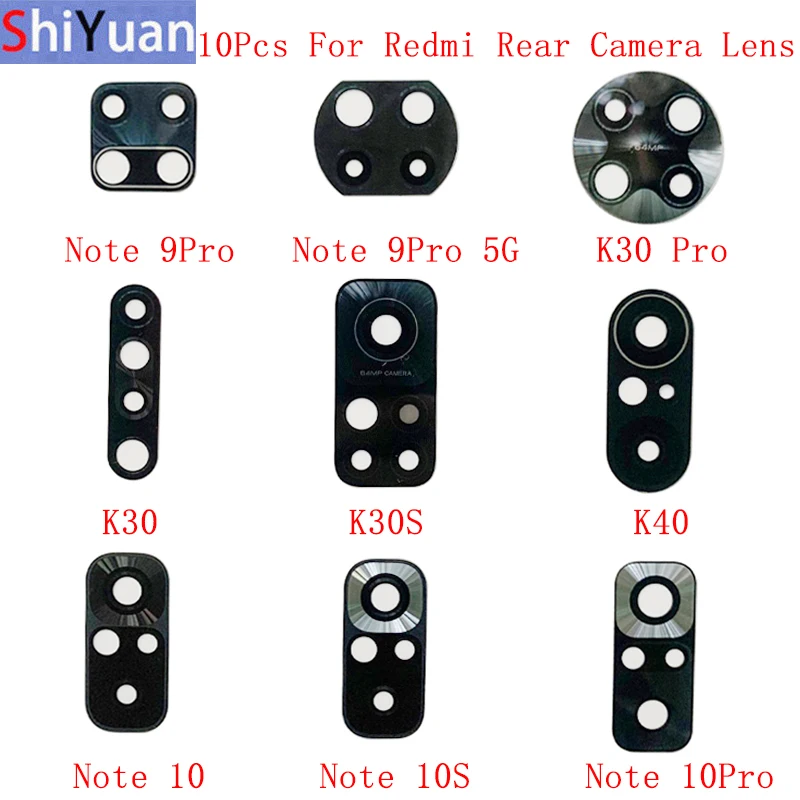 10Pcs Back Rear Camera Lens Glass For Redmi Note 9 K30 Pro K30S K40 Note 10 Pro 10S Camera Glass Lens Repair Parts