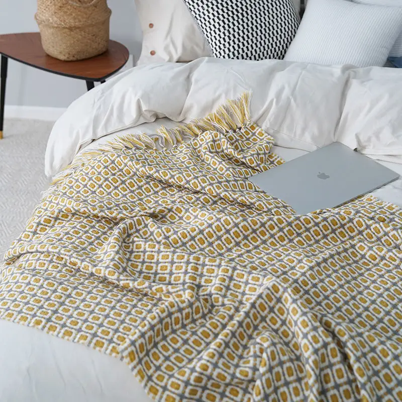 

Pastoral Checkered Cover Knitted Blanket Sofa Bed Decorative Blanket Tassels Travel TV Nap Shawl Air Condition Blankets