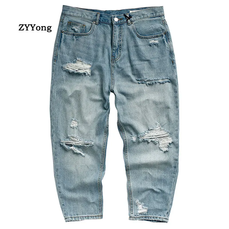 Moda rasgado homens jeans tornozelo comprimento solto mais tamanho hip hop buraco homme calças jeans streetwear lazer esfarrapado