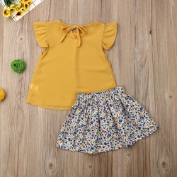 Summer Clothing Toddler Kid Baby Girl Clothes Set Yellow Chiffon Ruffle Tops+Floral Print Skirt Clothes 2pcs Outfits 1-5Y