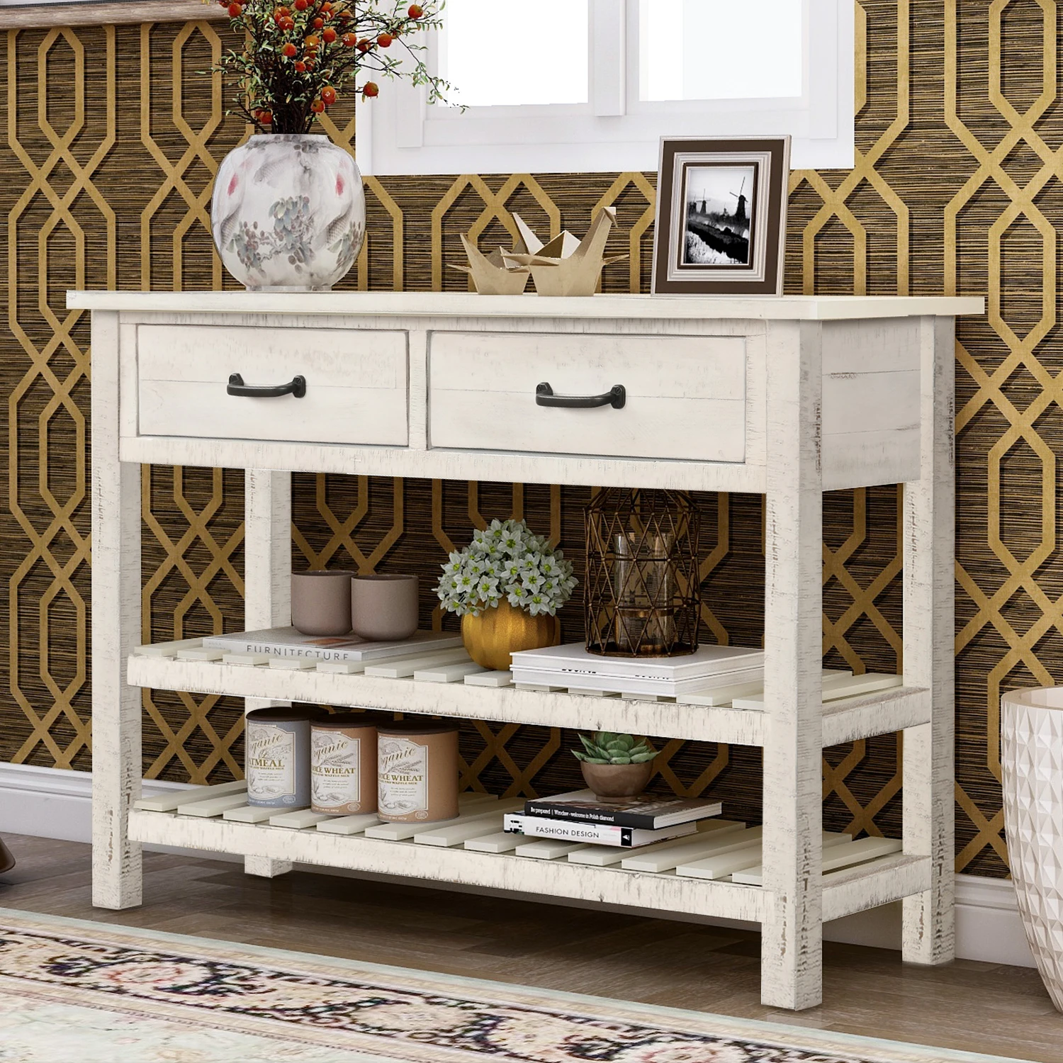 Three Colors Console Table Sofa Table Console Tables for Entryway Hallway Bathroom Living Room with Drawers and 2 Tiers