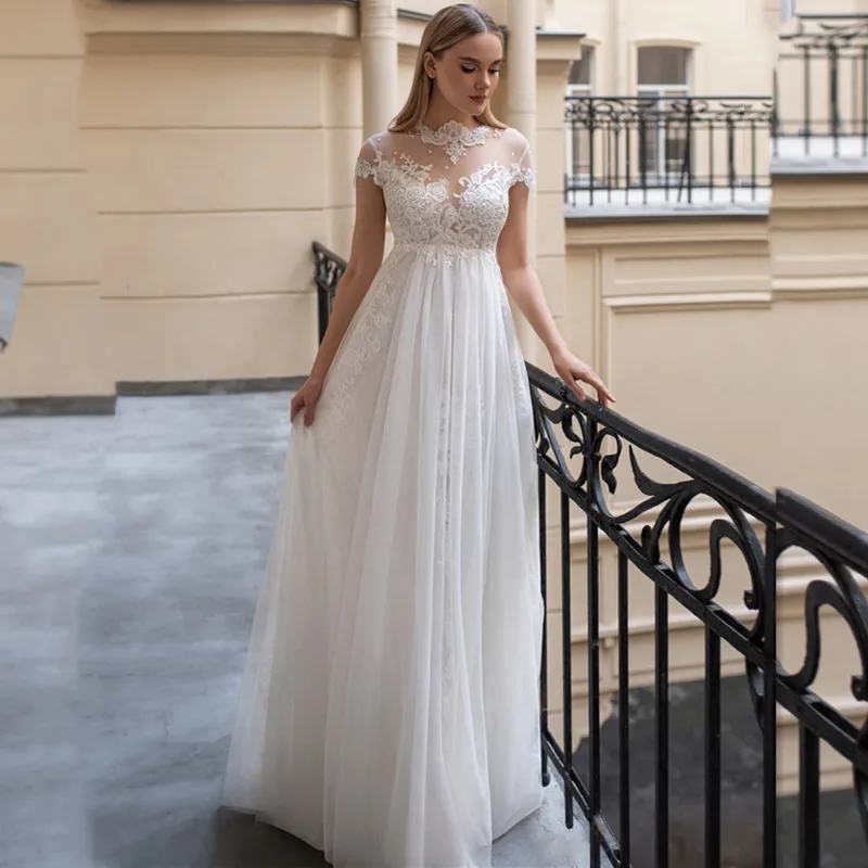 

High Neck Tulle Wedding Dresses 2021 Lace Appliques Short Sleeves Illusion Pearls Floor-Length Bridal Gowns Robe De Mariage