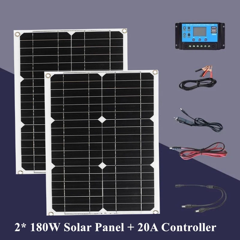 2x 180W Solar Panel with 20A Controller Dual USB Port Portable Mobile Phone Battery Charger For Car Yacht RV Lights Charging