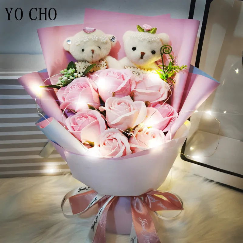 Soap Flower Rose Bouquet with LED Light  Cute Bear  Gift Bag  Valentine's Day  Birthday Gift  Wedding  Bride Bouquet