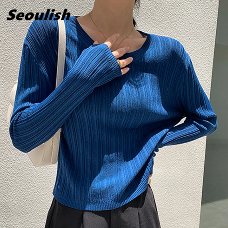 

Seoulish Autumn 2021 New Women's Knitted Tops Fashionable Round Neck Long Sleeve Solid Basic Ladies Knitting Pullovers Sweaters