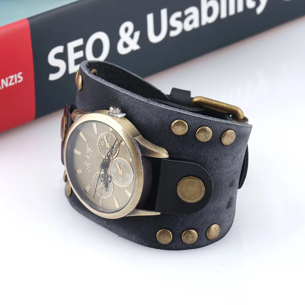 Retro Men Watches New Relojes Trend Style Decoration Wristwatch Male Punk Rock Brown Big Wide Leather Bracelet Cuff Men Watch