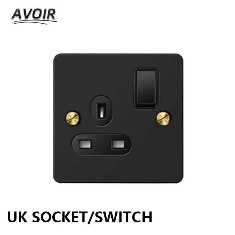 Avoir UK Socket With Switch Black Knurled 110-250V Electrical Sockets Outlets Stainless Steel Wall Socket Plugs