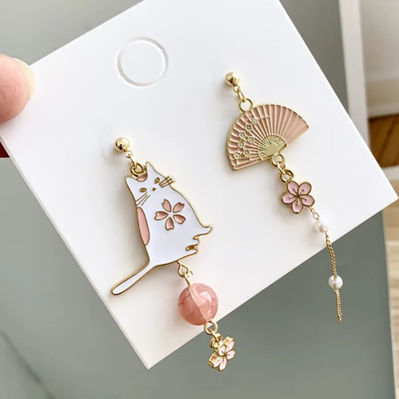 Chinese Style Folding Fan Crane Carp Lotus Asymmetrical Long Tassel Dangle National Style Earrings for Women Jewelry Gift