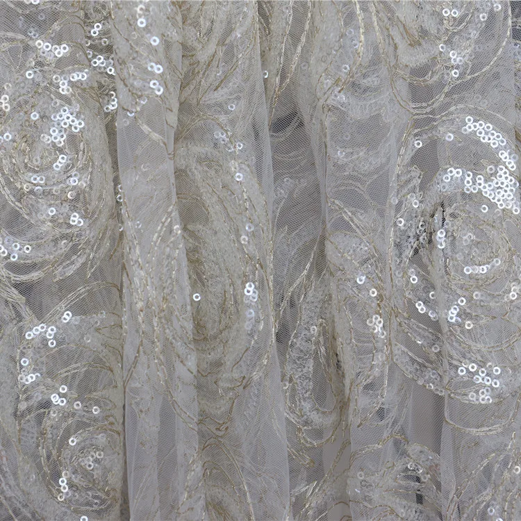 Rose Flower Sequin Embroidery 3D Lace Fabric, Wedding Dress, Dress Sewing Accessories, RS3091