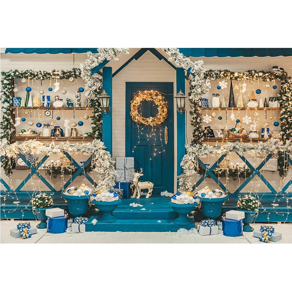 Quà Tặng Giáng Sinh Shop Phông Nền Trang Trí Mùa Đông Xanh Dương Nhà Bánh Sinh Nhật Đập Chân Dung Nền Merry Xmas Chụp Ảnh